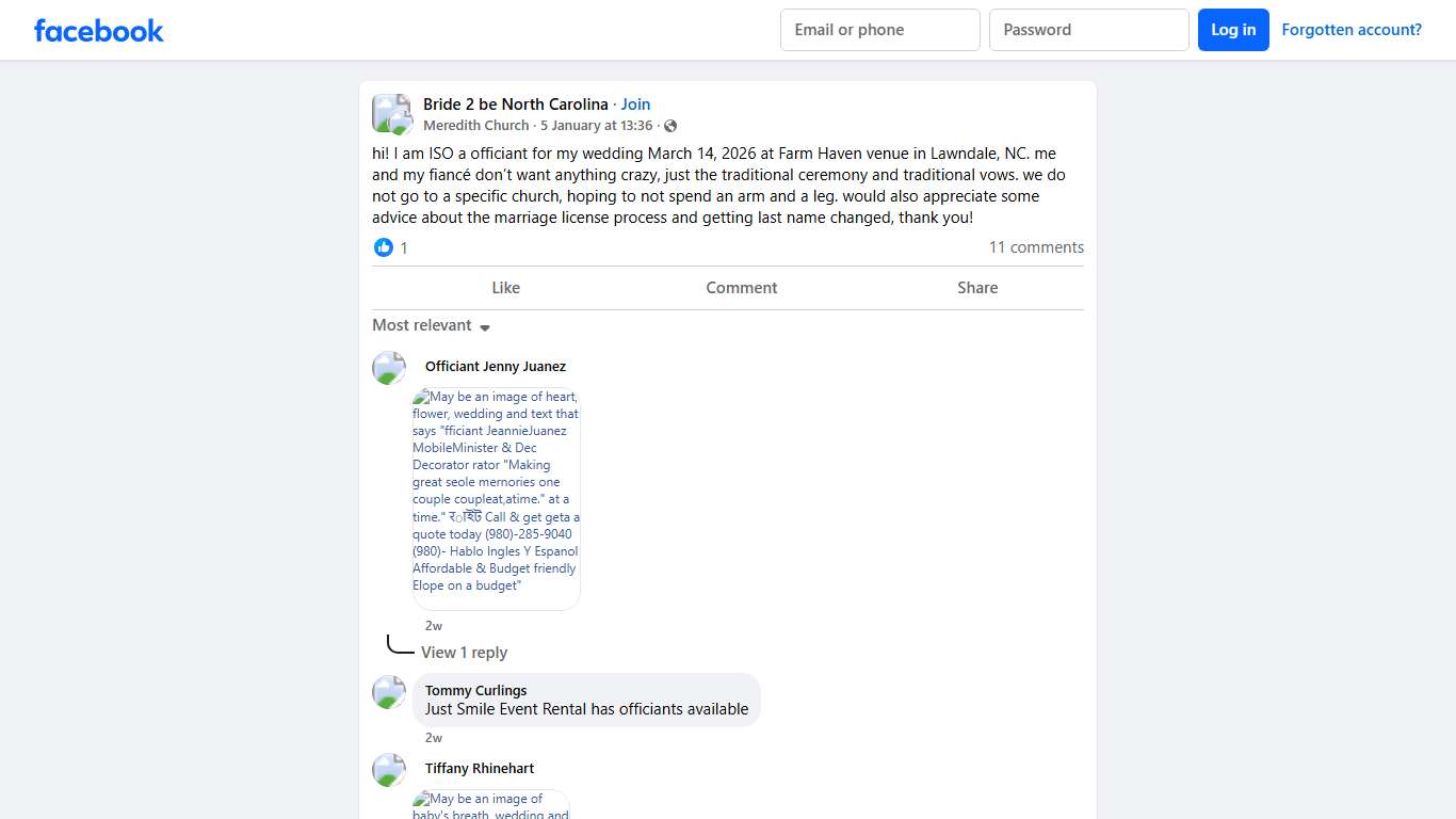 Bride 2 be North Carolina hi! I am ISO a officiant for my wedding March 14, 2026 at Farm Haven venue in Lawndale, NC Facebook