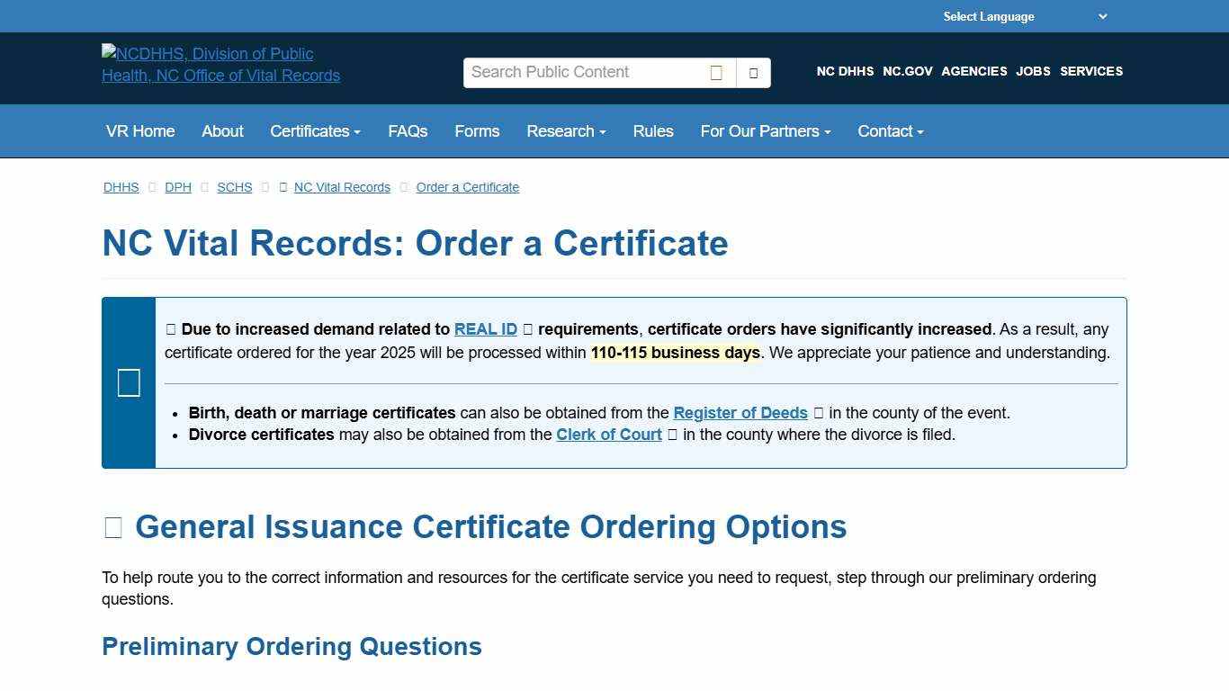 NCDHHS: DPH: NC Vital Records: Order a Certificate